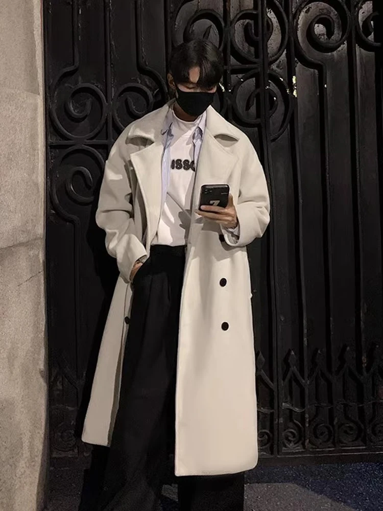 

Men's Mid-Length Woolen Coat Double-Breasted Autumn Winter Faion Briti Sle Knee-Length Windbreaker Warm Fluffy Outerwear