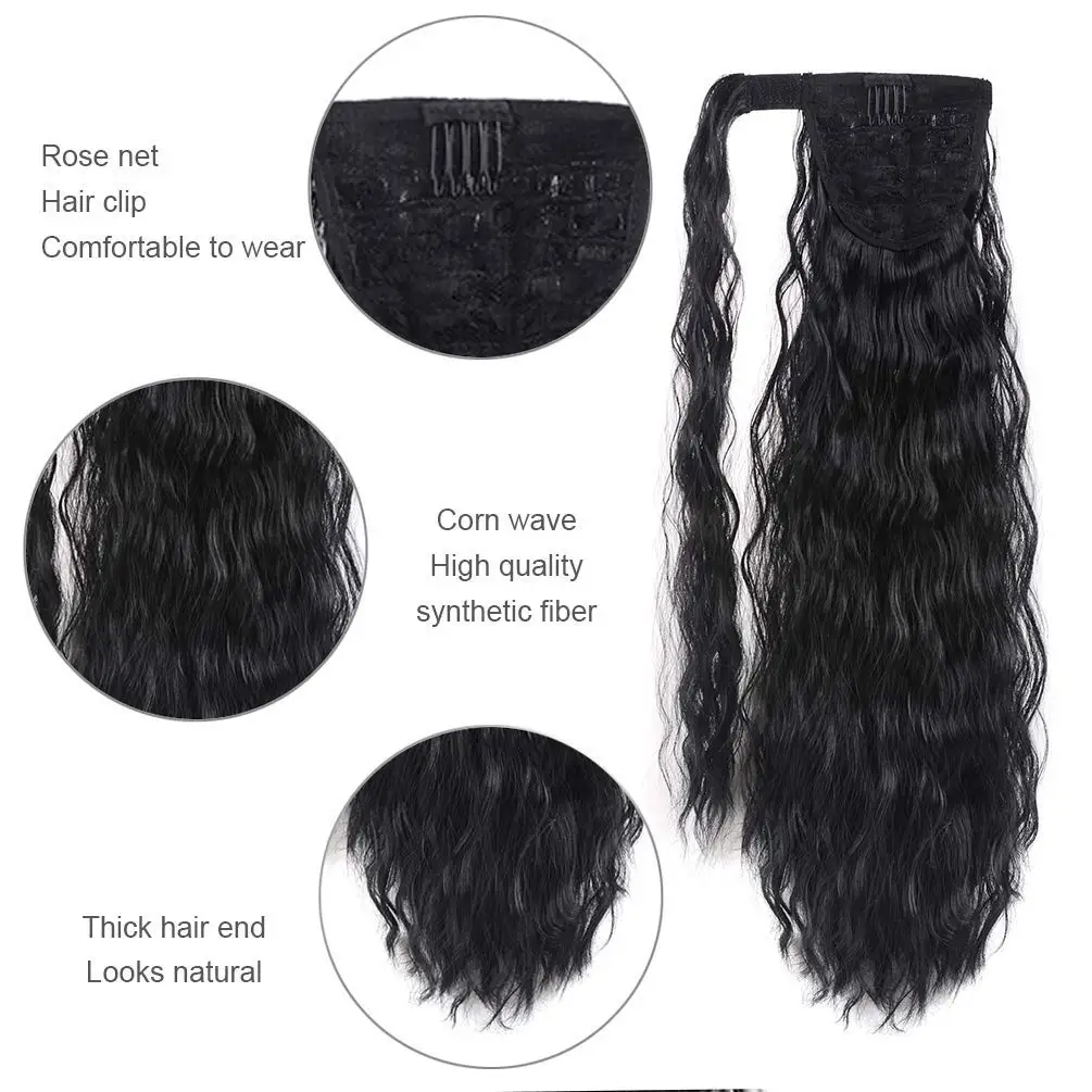 Synthetic Ponytail Extension 22 Inch Long Curly Hairpiece Corn Wave Clip in Wrap Around Heat Resistant for Women