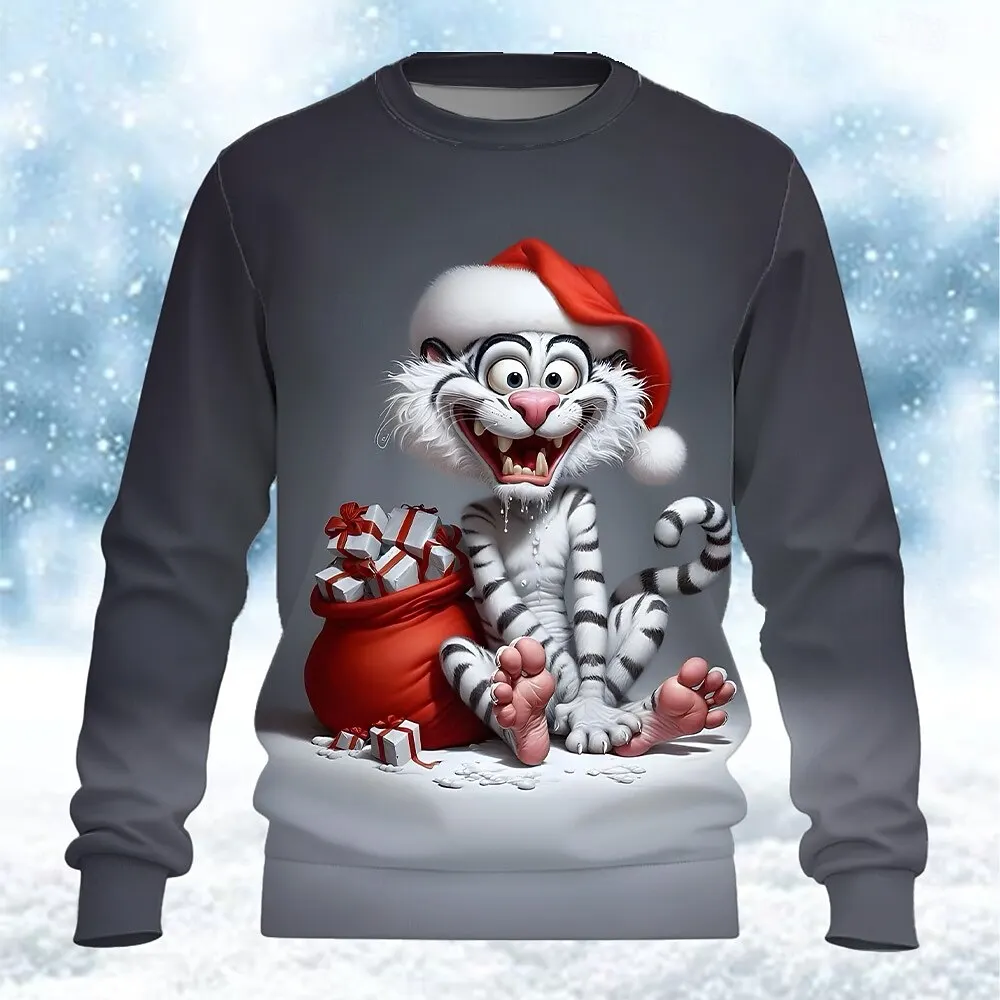 

Christmas Men's Tiger Sweatshirt Cool Party Crew Neck Vacation Party Gift Red Blue Crewneck 3D Prints pullover 2025 fall winter