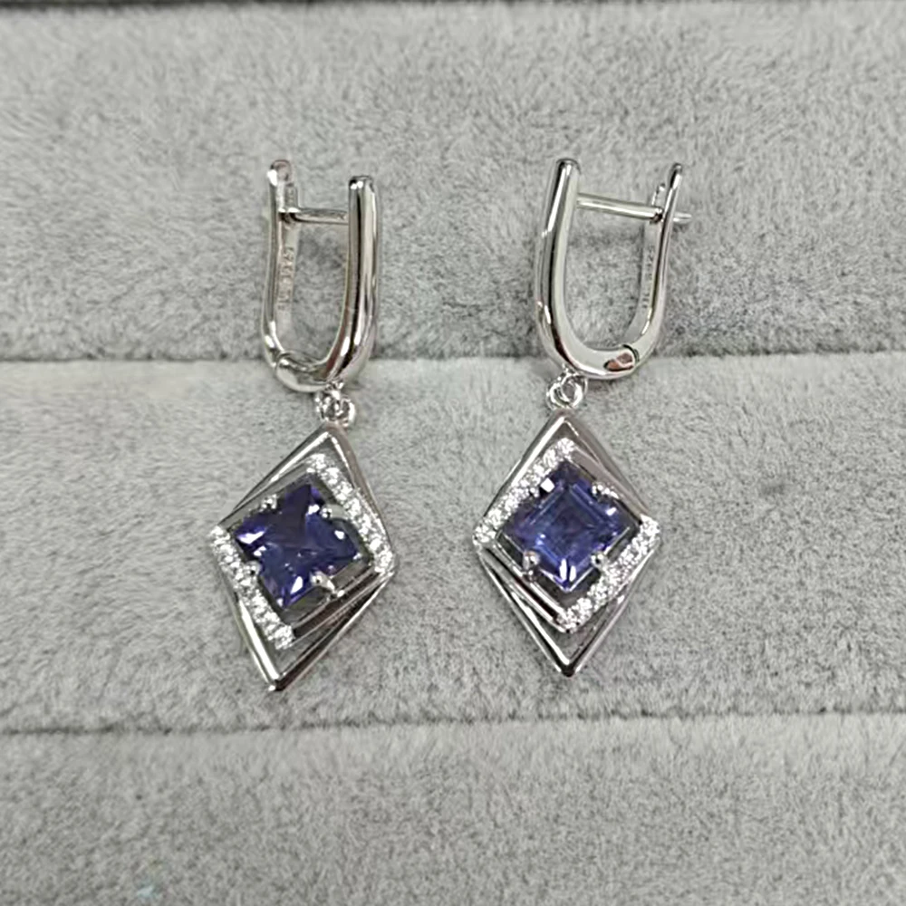 Generous Natural square 6.0mm iolite women's earrings 925 sterling silver Simple fine jewelry for birthday gifts & daily wear