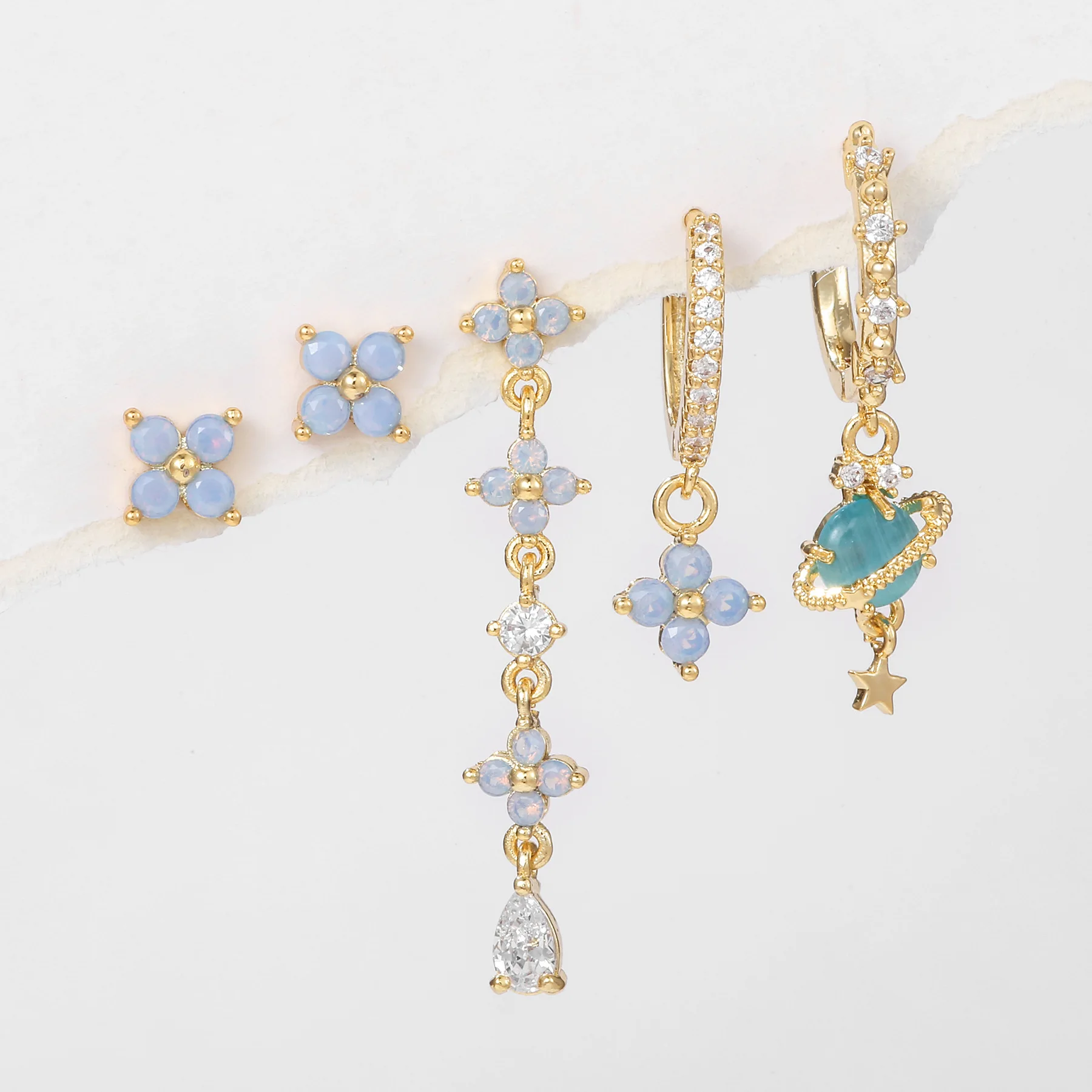 

New ins Vintage Blue Zircon Flower Earring Exquisite Blue Planet Tassel Stud Earrings Set For Women Girls Fashion Jewelry
