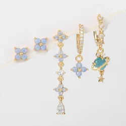 New ins Vintage Blue Zircon Flower Earring Exquisite Blue Planet Tassel Stud Earrings Set For Women Girls Fashion Jewelry