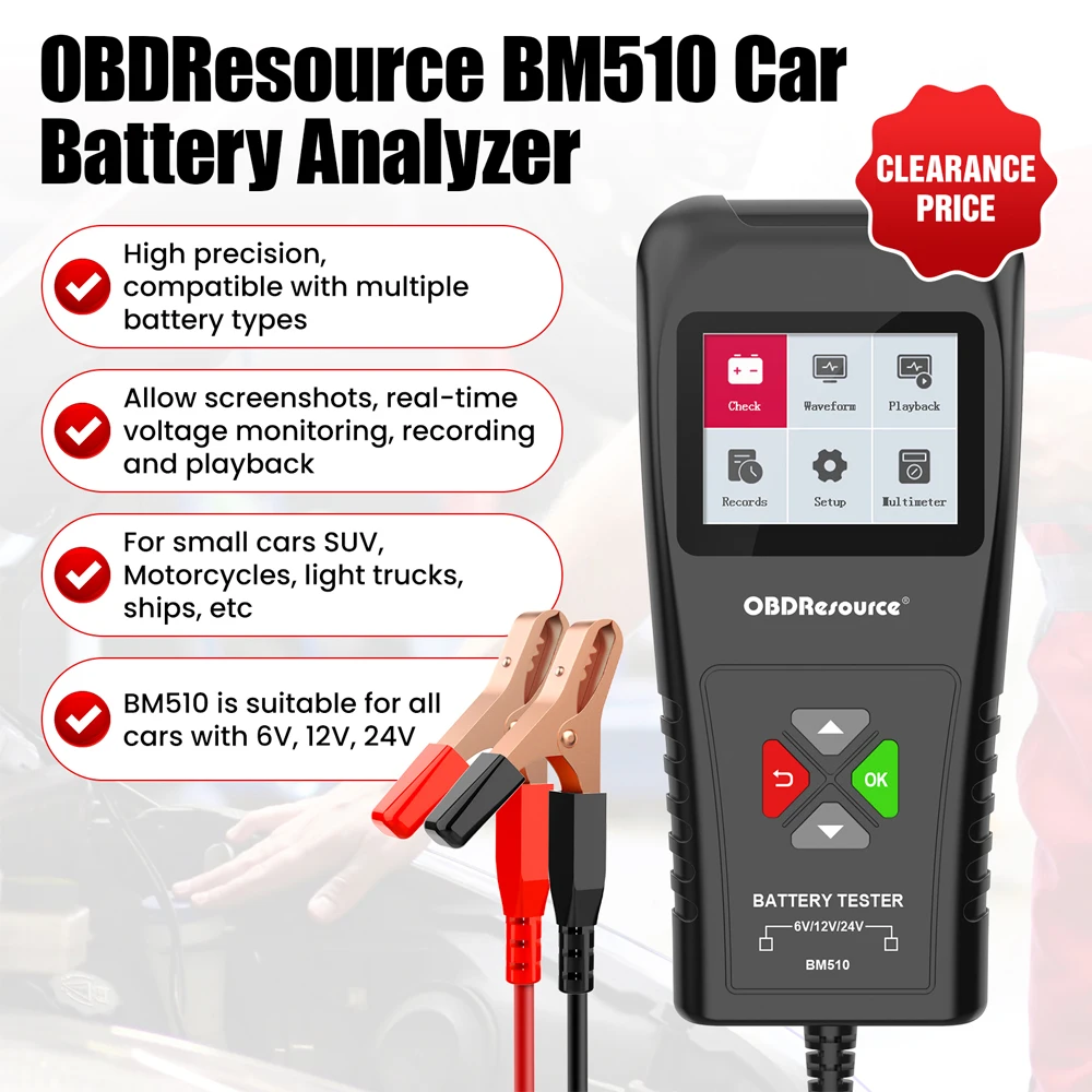 

Car Battery Tester 6V 12V 24V 100-2000CCA Car Battery Analyzer Tool BM510 for Car Truck Motorcycle Boat low price