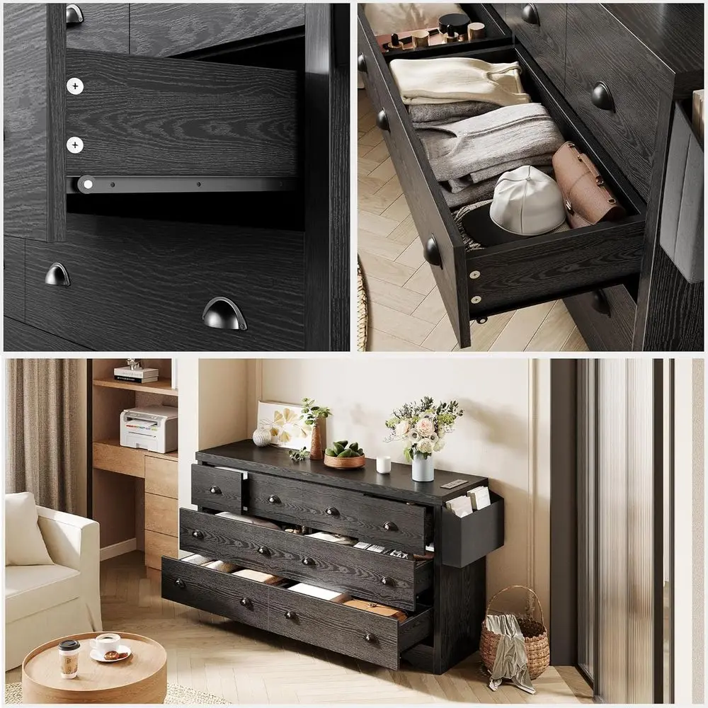 Cômoda DAFIFY com 8 gavetas com estação de carregamento e bolsa de armazenamento, baú de madeira para quarto, sala de estar, corredor e entrada, preta