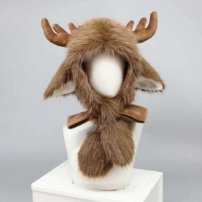 

Christmas Reindeer Antler Hat Warm Fleece Beani Ear Flaps Soft Plush Women Men Kids Outdoor Snow