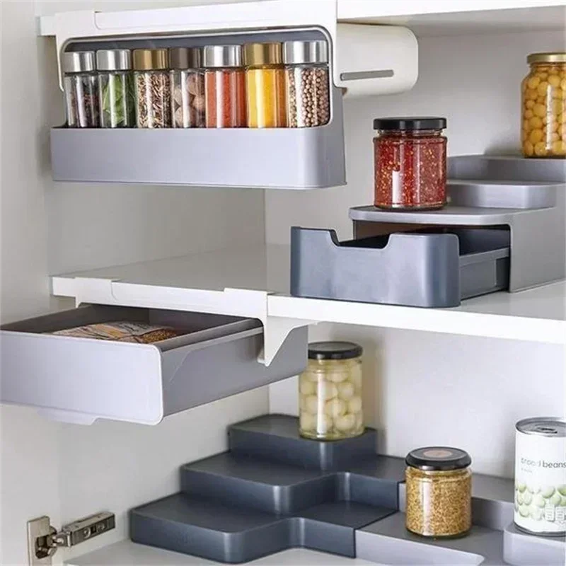 Kitchen Storage Rack Spice Container Self-adhesive Wall-mounted Under-Shelf Spice Organizer Kitchen Supplies Storage In Stock