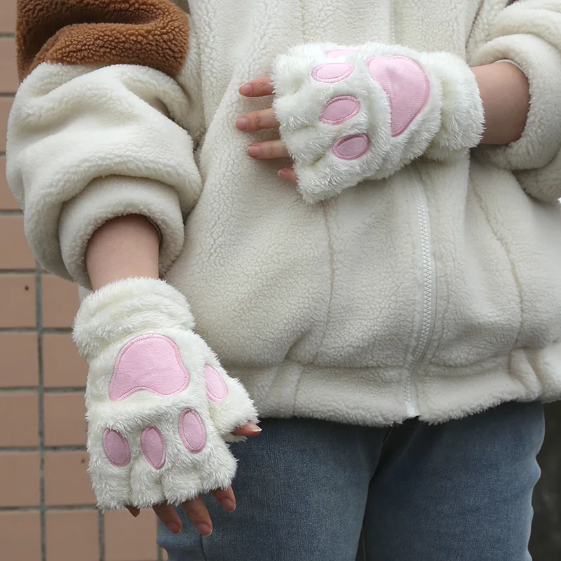 Cartoon Cat Paw Gloves Winter Cute Girl Open Finger Gloves Women Plush Warm Mittens Thickened Fluffy Bear Paw Half Finger Gloves