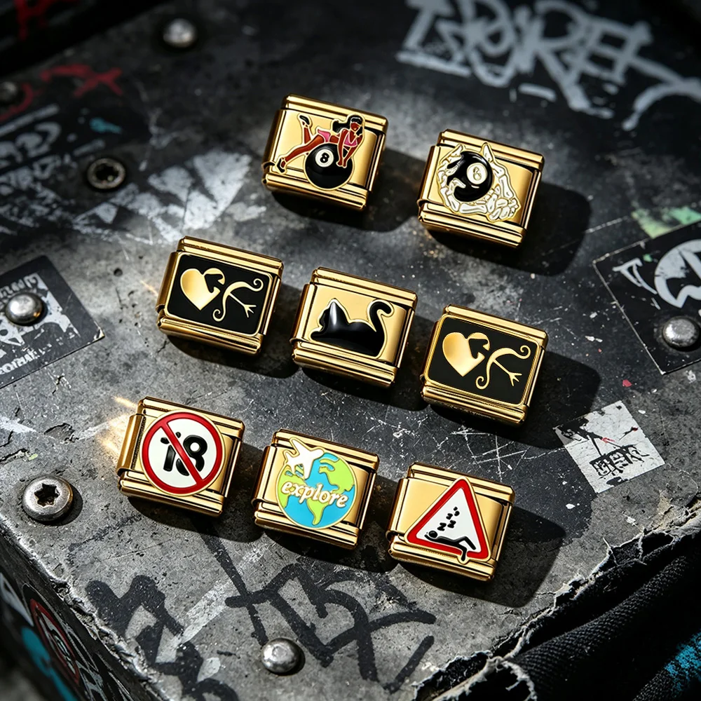9mm Klassisches Italienisches Armband mit Charms in Goldfarbe, Totenkopf-, Reise-, Planeten-, Katzen- und Billardmuster, Edelstahl-Schmuck, Geschenk – Detail 5
