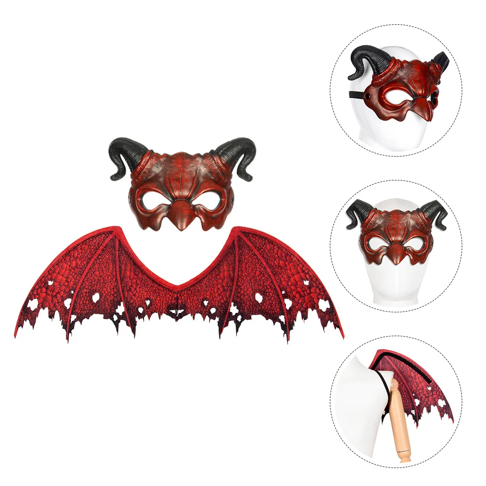 

1Set Halloween Devil Wing and Mask Set Non-Woven Breathable Fabric Demon Mask Half Face Cosplay Costume Prop for Party