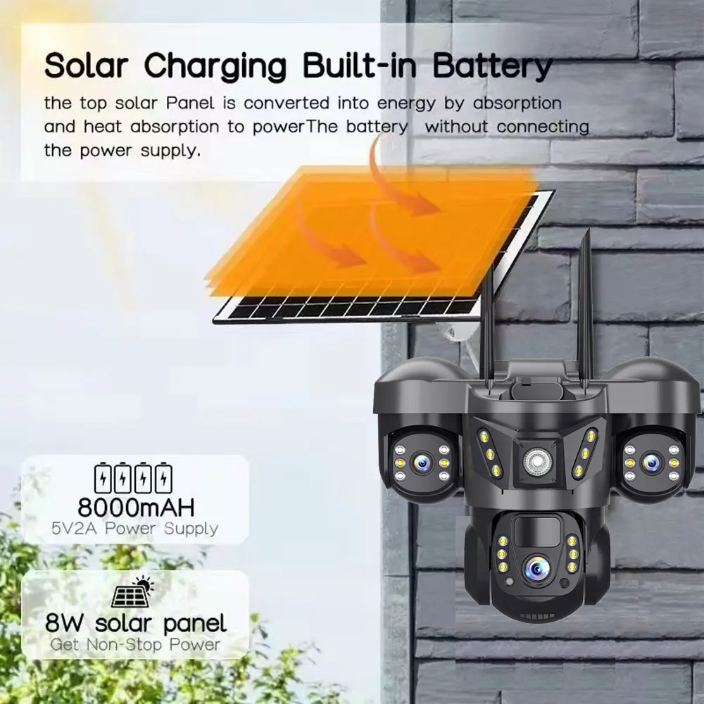 Solar Power 4G Camera With Europe Sim Card Triple Lens Three Screens Outdoor Waterproof Battery CCTV Security V380 Video Camaras