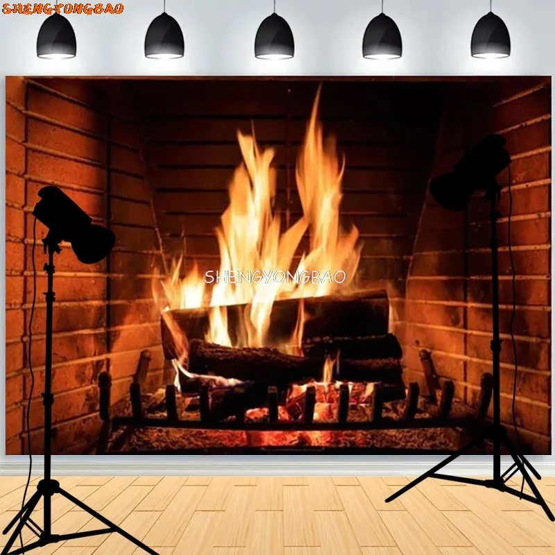 Fireplace Photography Background Winter Wood burning Flame Christmas Day Decoration Baby Portrait Photo Studio Props HX-01