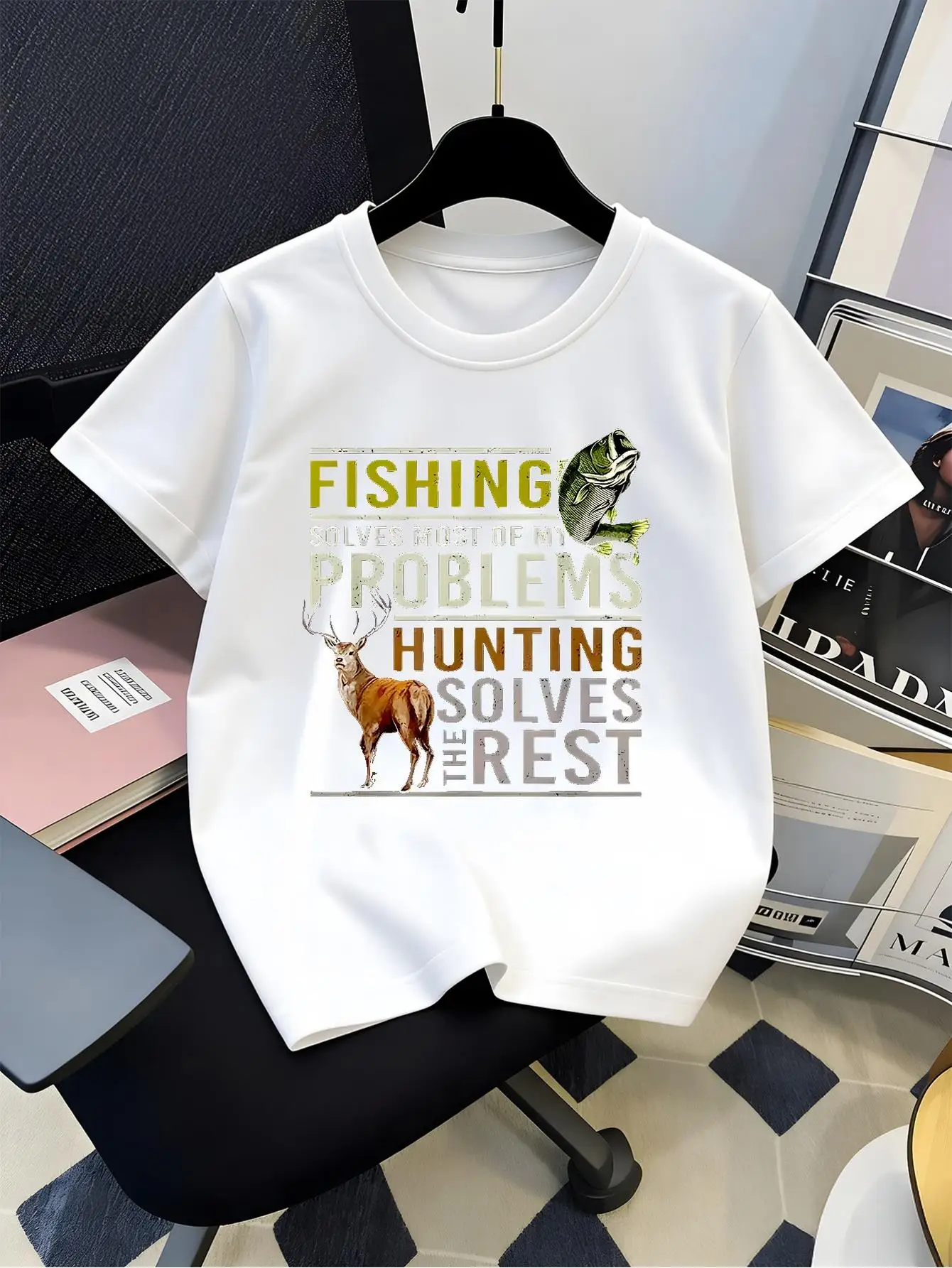 Vintage Retro Fishing Hunting Deer Fish Text Quote Art Graphic Print Family Matching Short Sleeve Tee Boys Girls Kids Tops
