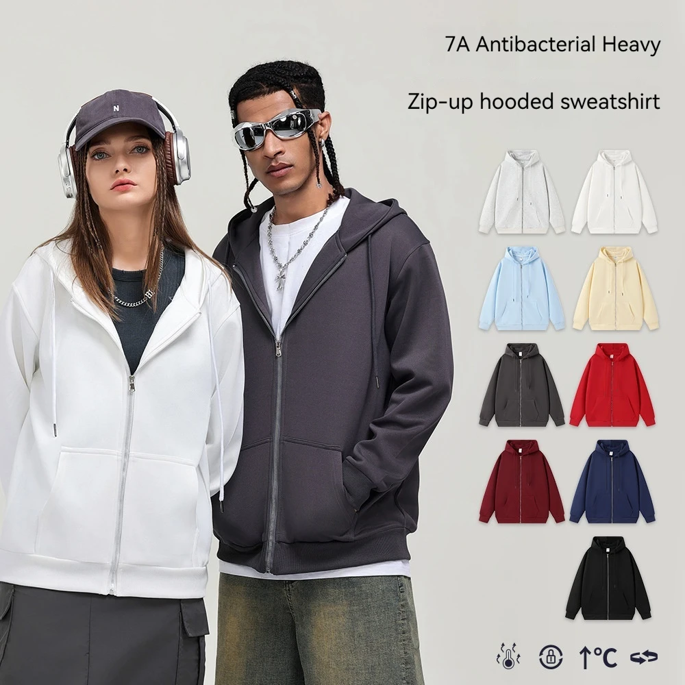 

2025 Men Cardigan Sweatshirt Spring Autumn Thin American Couple Double Zip Hooded Jacket Solid Color Trendy Streetwear Casual Pu