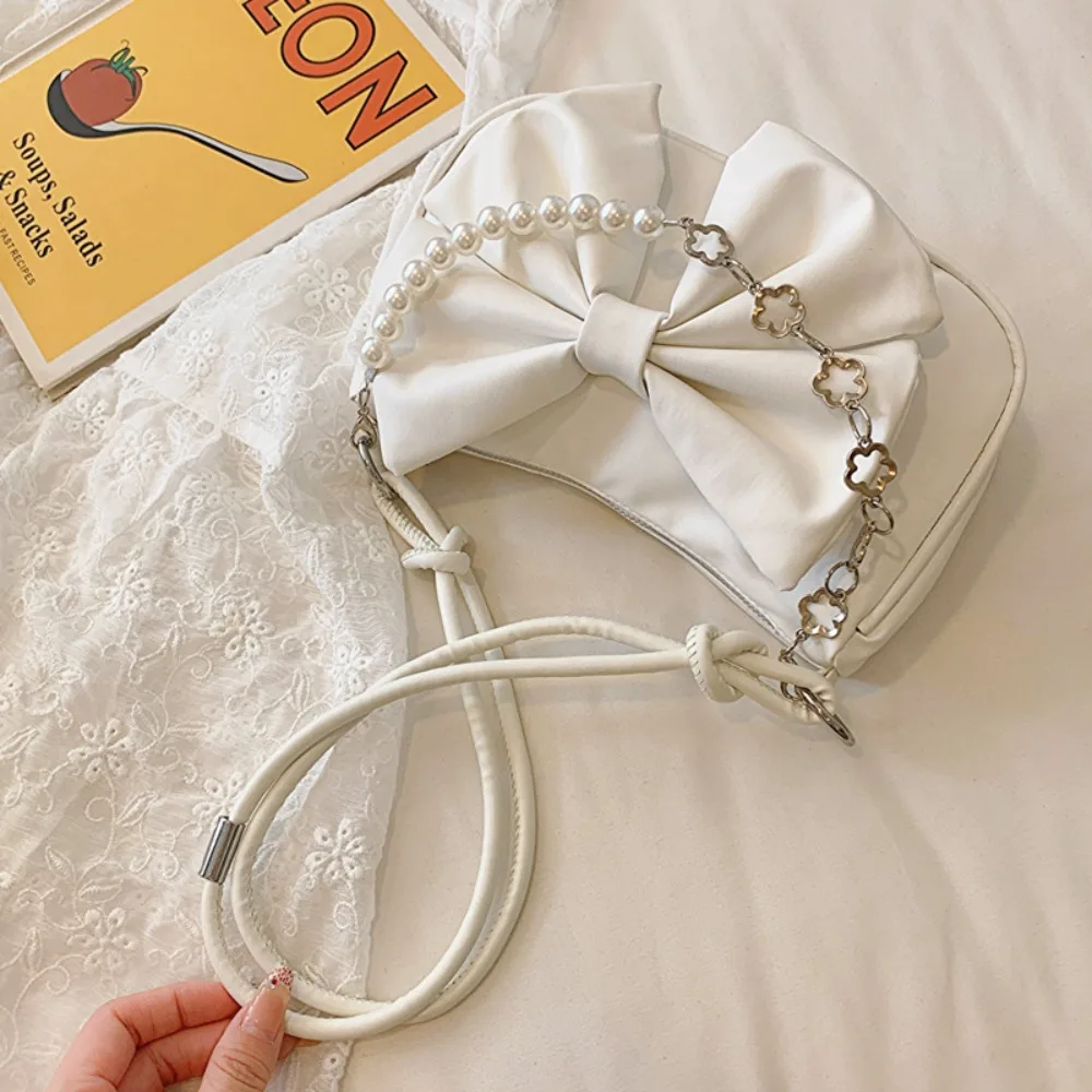 Trendy Pearl Bow Shoulder Bag Underarm Bag Daily Commuting Bag Casual Handbag Solid Business Women\'s Bag