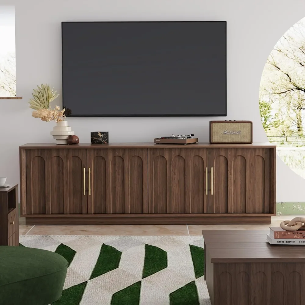 حامل تلفزيون حديث لمنتصف القرن مقاس 75 بوصة مع نمط مقوس، ولمسة نهائية من الخشب، ووحدة تحكم وسائط قابلة للتعديل