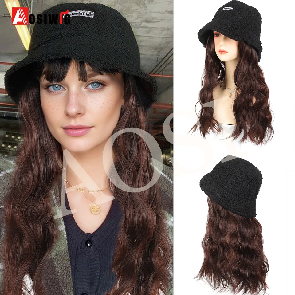 Synthetic Long Fashion Water Ripple Hair Wig With Black With Letter Lamb Wool Hair Bucket Hat For Women Autumn Winter Warm Hat F