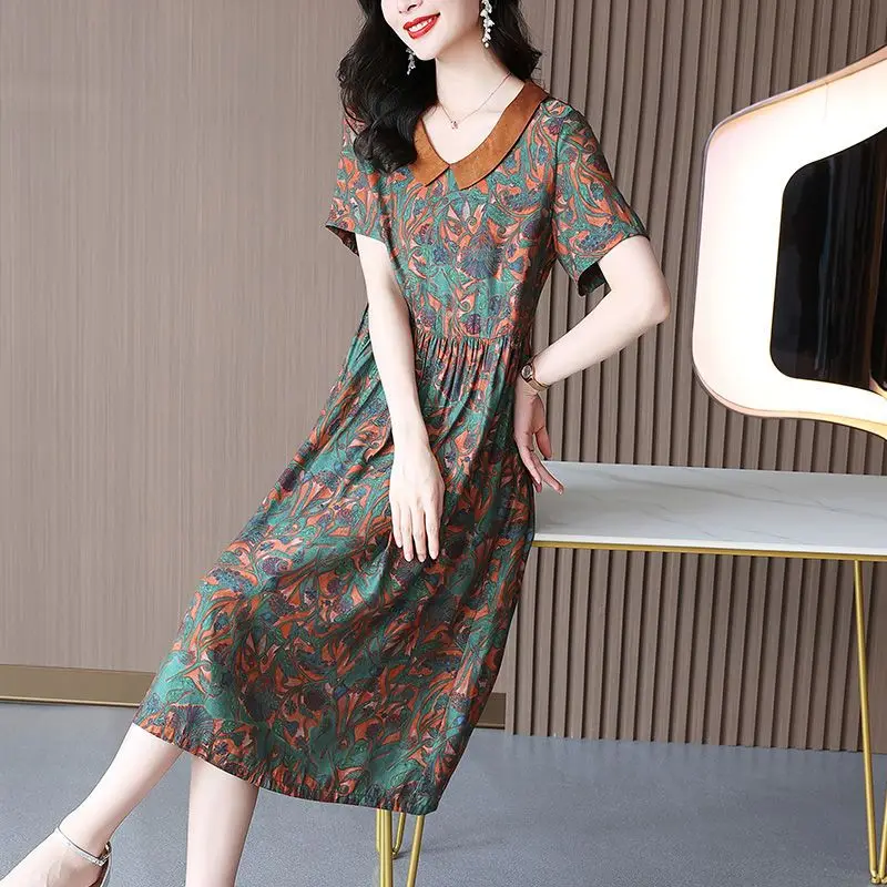 Vestido floral de manga curta com decote em v feminino, estampado, médio e longo, roupa elegante, temperamento, moda, verão, novo, 2023