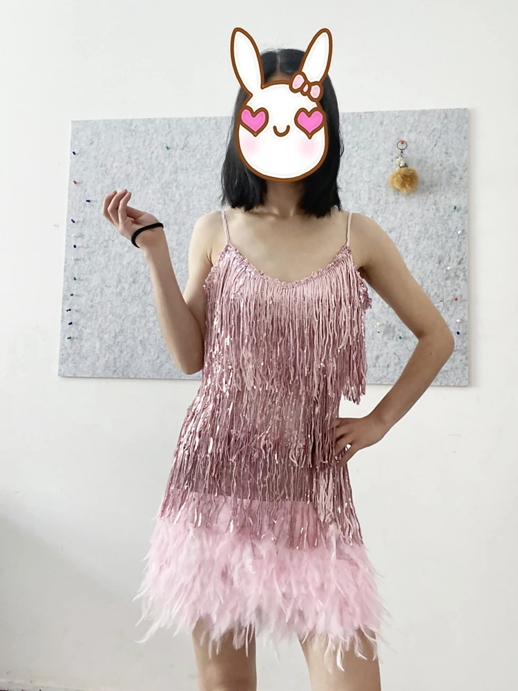 Women Sexy Feather Sparkly Tassel Dress Pink Samba Sequin Fringe Dance Flapper Dress Summer Formal Wedding Evening Mini Dresses