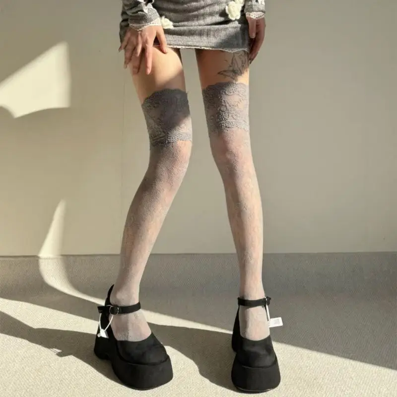 تجارة التجزئة/إسقاط الشحن خمر كامل الدانتيل فخذ فخذ فخذ عالية الجوارب للنساء شبكة زهرة نمط الشبكة على ركبة الجوارب الحذاء #3