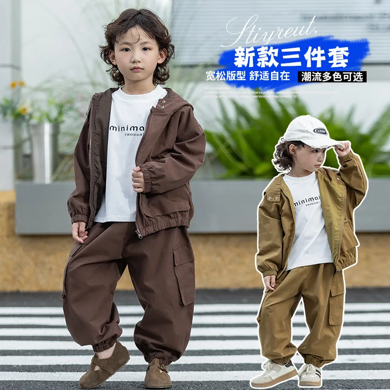 ZOETOPKID Boys' Autumn Hooded Jacket T-shirt Pants Three-piece Set Children Casual Street Fashion Clothes Suits