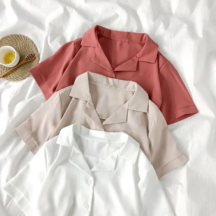 

Summer 2023 Women's Korean Sle Chiffon irt ort Sve Suit Collar Unique Design Casual Faion Pure Color Loose Fit irt