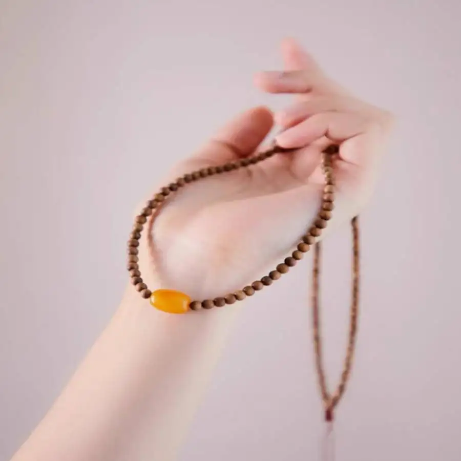 Handmade Genuine Sandalwood Beaded Necklace with Beeswax Amber Spacer Ethnic Jewelry Gift for Him