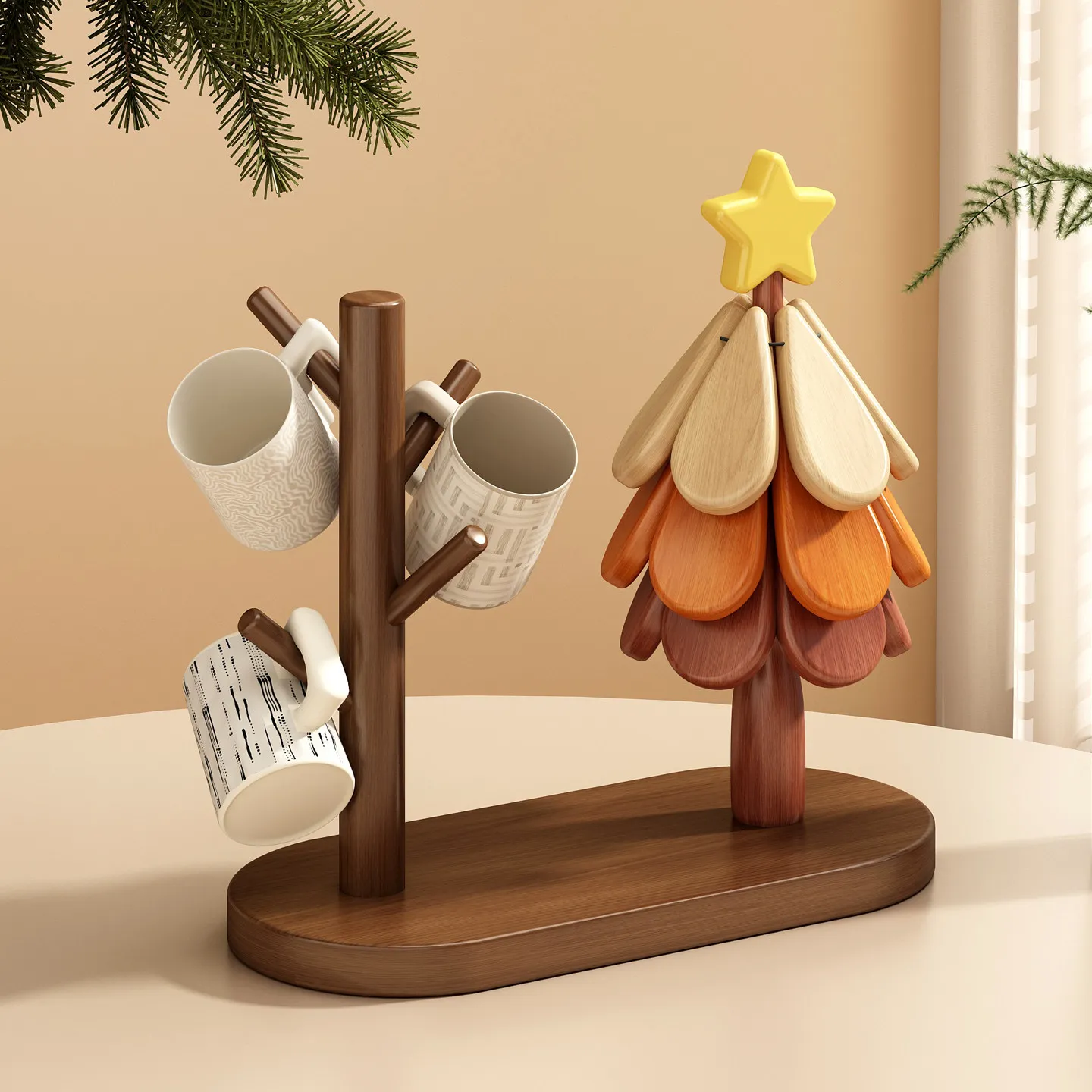 

HeMu Christmas Tree Shape Mug Rack with Trivet,2-in-1 Heat Insulation Pad & Cup Holder,Stylish Countertop Storage for Cups&Pots
