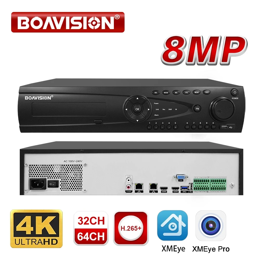 64CH 32CH NVR Video Recorder H.265 Max 16CH 4K/64CH 5MP/24CH 5MP/36CH 4MP Video Input 8*SATA Max 8TB HDD P2P For onvif IP Camera