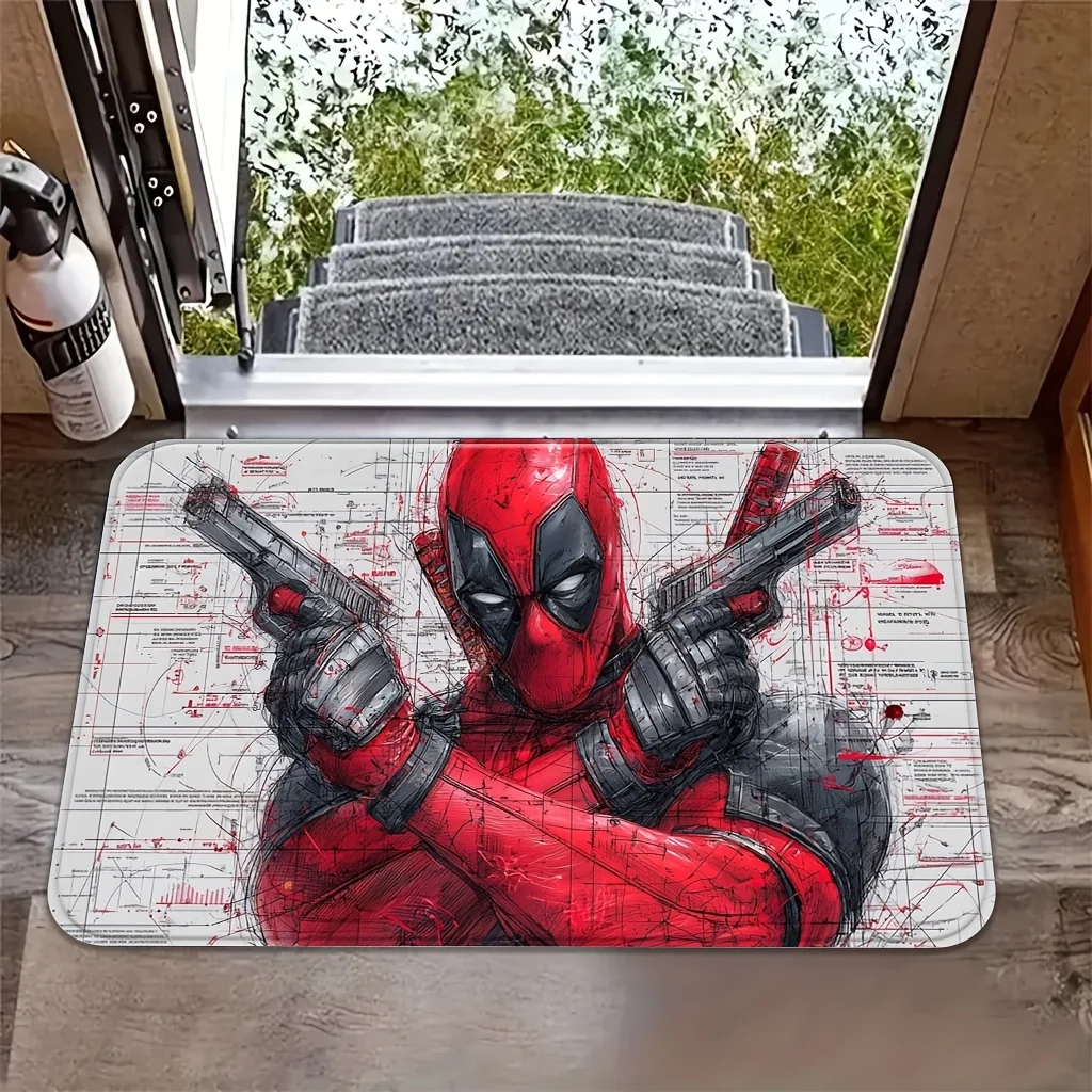 Marvel 1pc Cartoon Printed Floor Mat, Deadpool Holding Dual Guns Mechanical Blueprint Style Illustration, Easy to Clean, Suita view 3