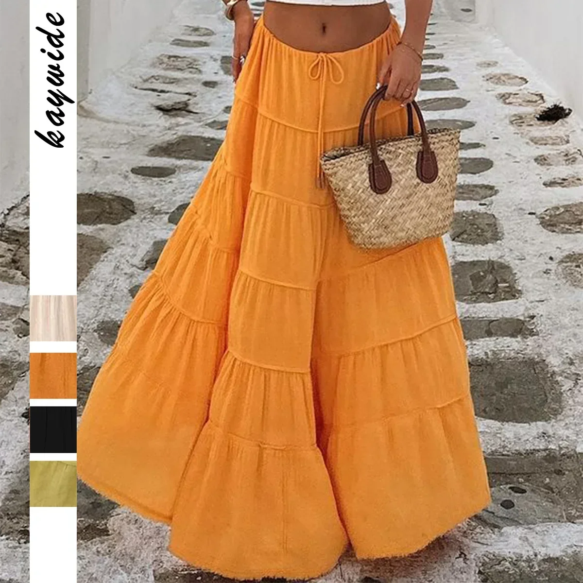 

Новинка 202, женские летние длинные юбки, свободные пляжные юбки с высокой талией на шнурке для женщин, однотонные женские юбки трапециевидной формы для отпуска