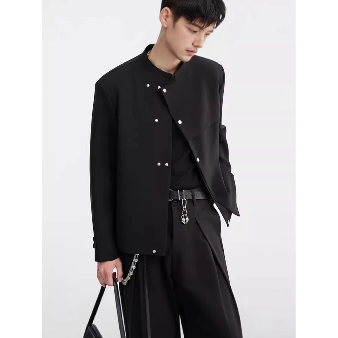 سترة رجالية بأسلوب صيني جديد مع أكتاف مبطنة، بدلة كاجوال ربيعية صغيرة بطراز غربي، سترة بياقة عالية أنيقة بطابع وطني