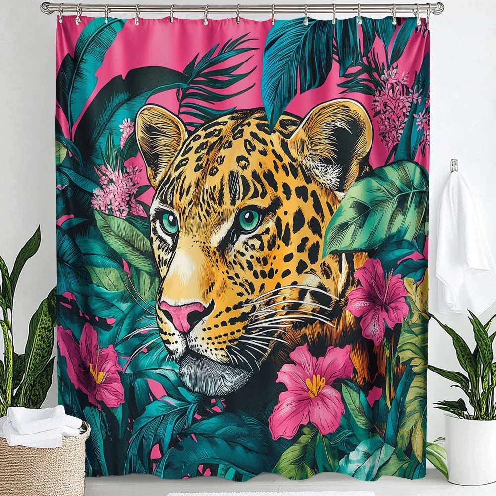 Cougar with Trees Plants Shower Curtain,Pink Leopard Animal Bathroom Decorative Curtain, Printed Fabric Home Curtain with Hooks