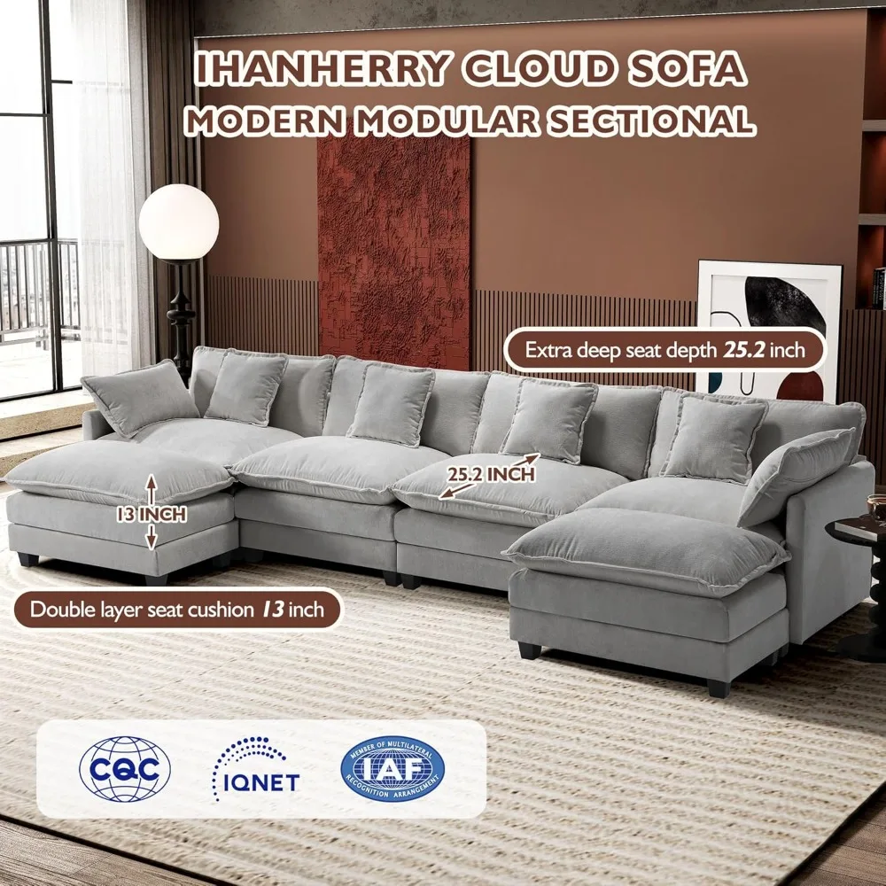 Sofa  Cloud Couch with 2 Ottoman, 6-Seat Chenille Deep Seat Sofa with 6 Pillows for Living Room