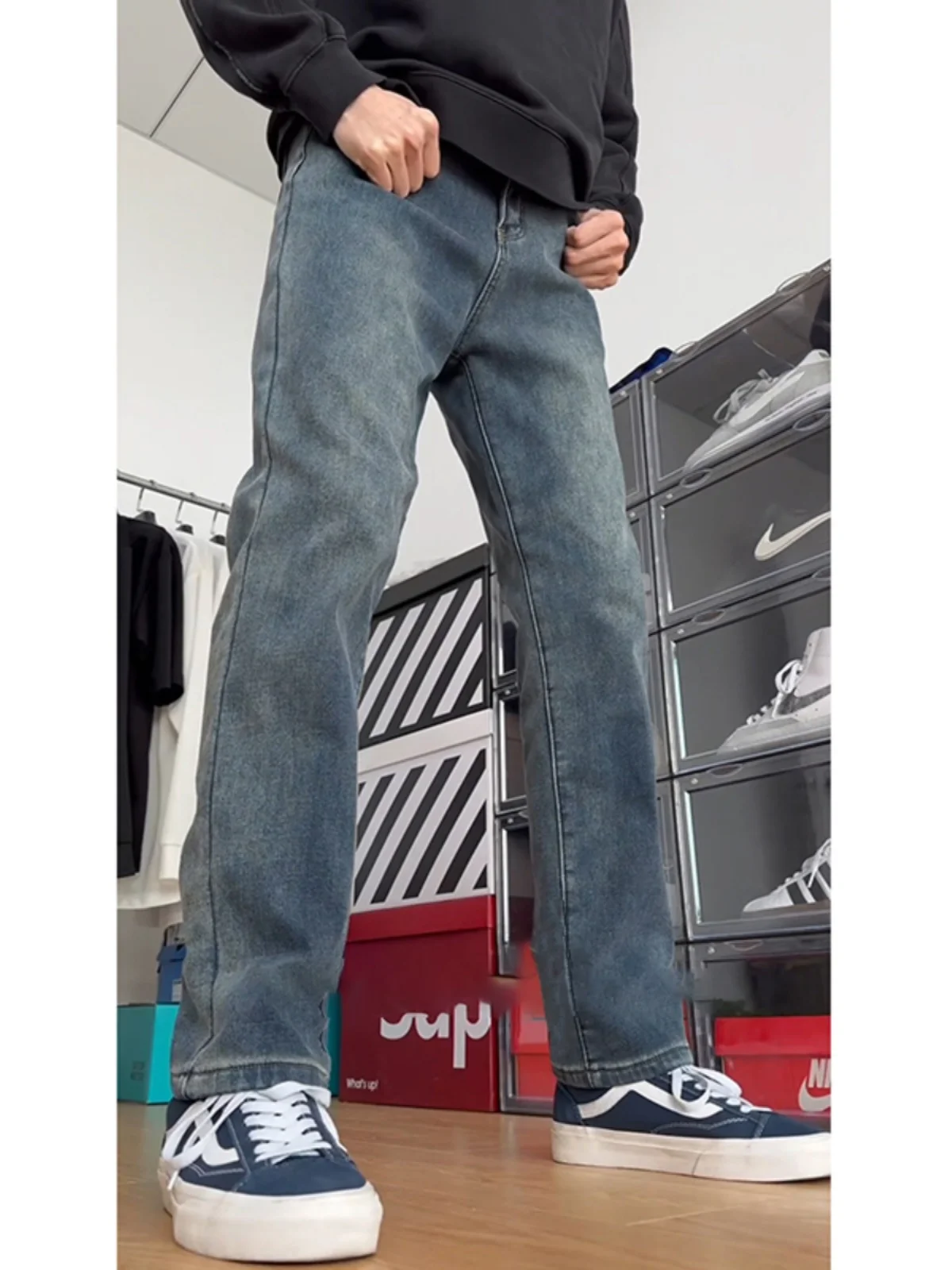 

Blue Fce Lined Slim Fit American High Street Vibe Jeans Cleanfit Straight Leg Narrow Version Micro Flared Pants for Men
