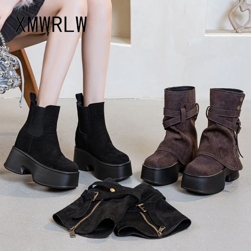 

XMWRLW 2025 Autumn Winter Women Ankle Boots Fashion Hidden Heel Platform Shoes For Women Warm Plush Winter Ankle Boots Shoes