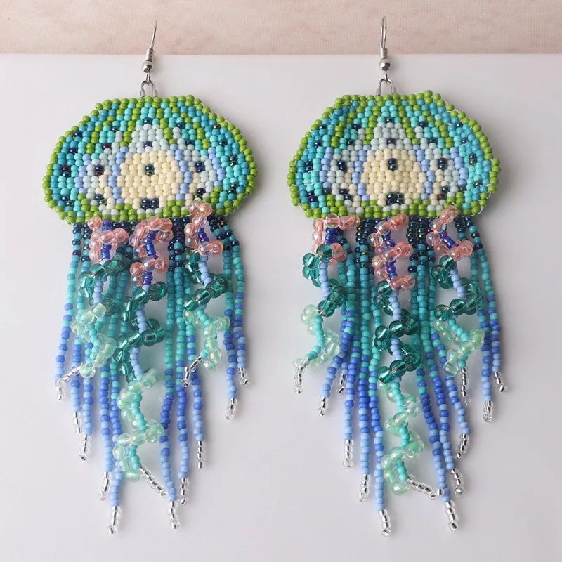Beaded earrings Tassel Medusa Rainbow Hand knitting Gradient Bohemia Alloy Tide Simple Rice bead earrings