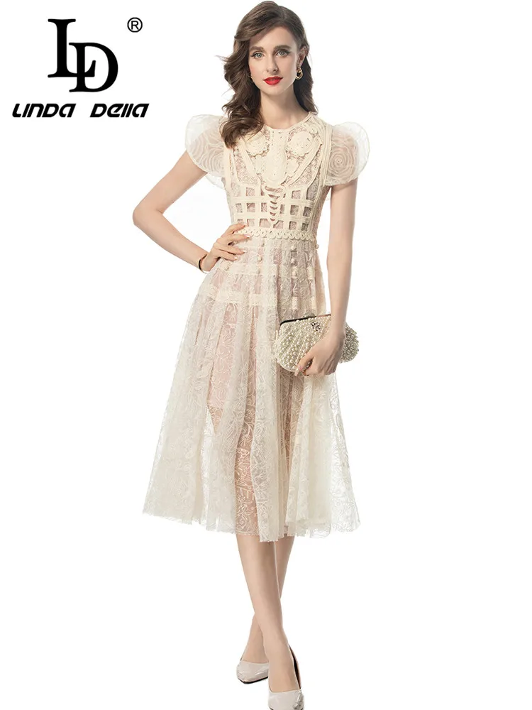 LD LINDA DELLA 2024 Summer Luxury Dress Women's Vintage Net Yarn Embroidery Disc Buckle Temperament Medium length Dresses