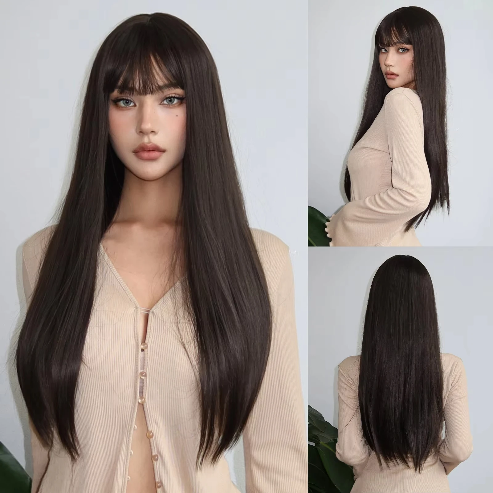 Grey Long Straight Synthetic Wig for Cosplay & Daily Use