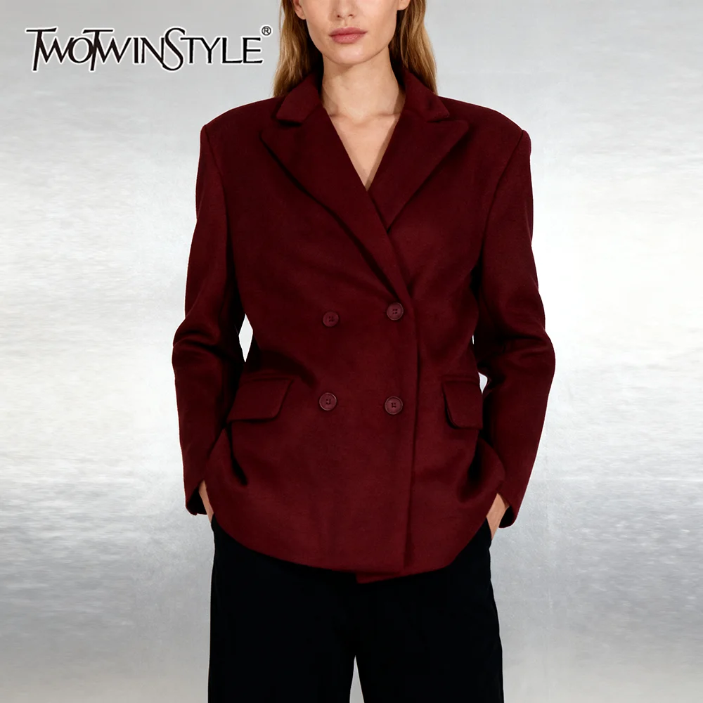 

TWOTWINSTYLE Winered Spliced Double Breasted Vintage Coats for Women Lapel Long Sleeves Casual Coat Female Autumn Clothing New