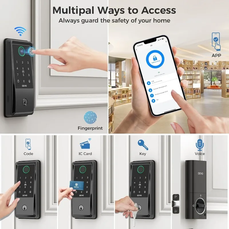 قفل باب ذكي DEVO Wi-Fi G6، قفل باب دخول بدون مفتاح ببصمة الإصبع 6 في 1، جهاز تحكم عن بعد للتطبيق، قفل تلقائي، مقاوم للماء IP54