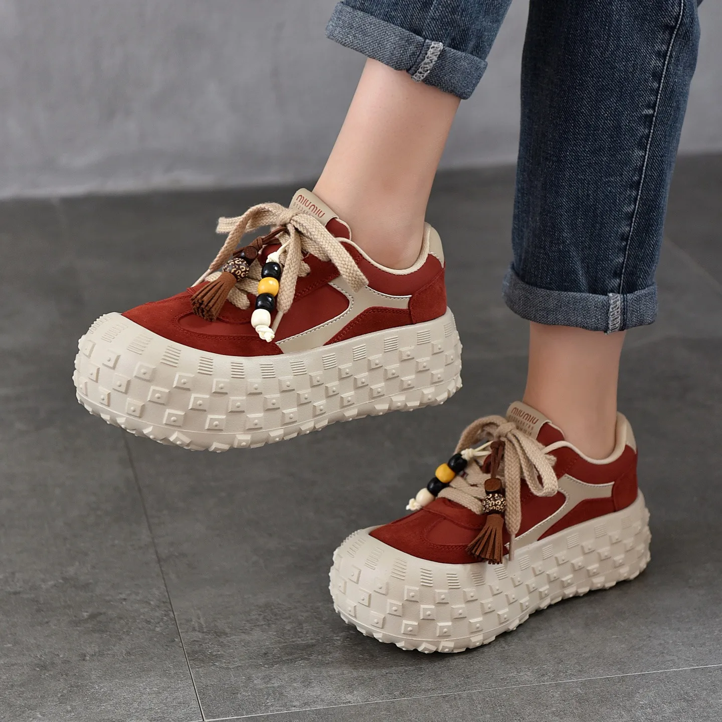 Birkuir Retro Flat Platform Shoes For Women Lace Up Platform Sports Shoes Luxury Genuine Leather 5.5cm Thick Heels Shoes