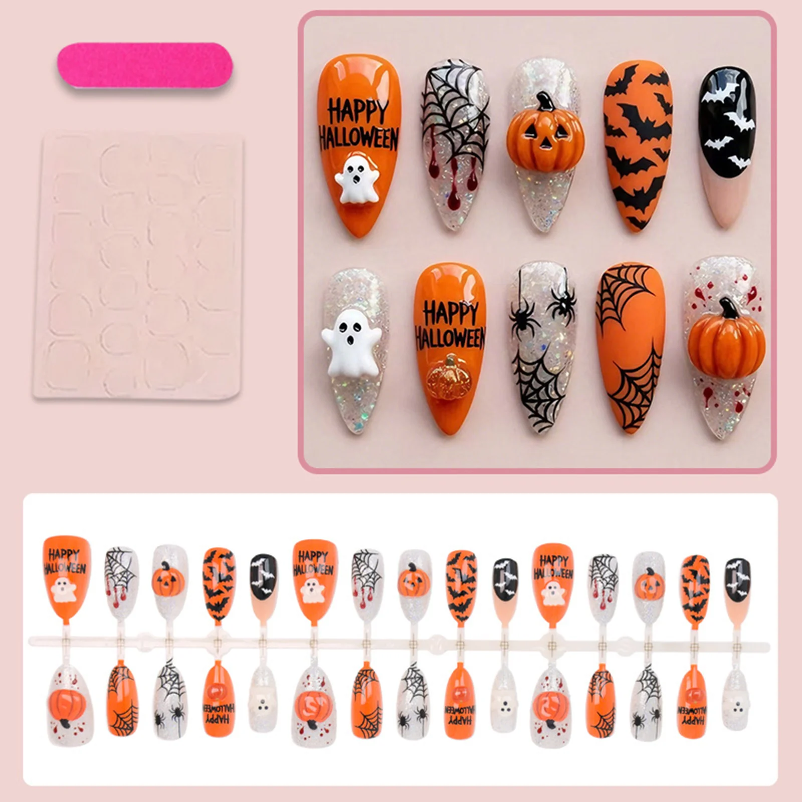 30 Stück Lustige Halloween-Press-On-Nägel mit Niedlichen Geister-, Kürbis-, Fledermaus- und Spinnennetz-Mustern, Glänzende Mandel-Form Künstliche Nägel für Partys – Detail 6