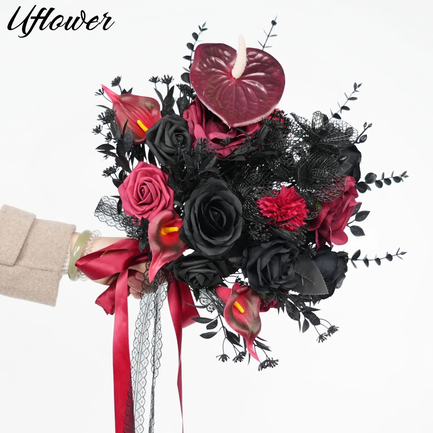 

Uflower Bridesmaids Bouquet Silk Artificial Flowers Black Fake Flowers Hand Flowers Bouquet Wedding Home Party Decor Arrangement