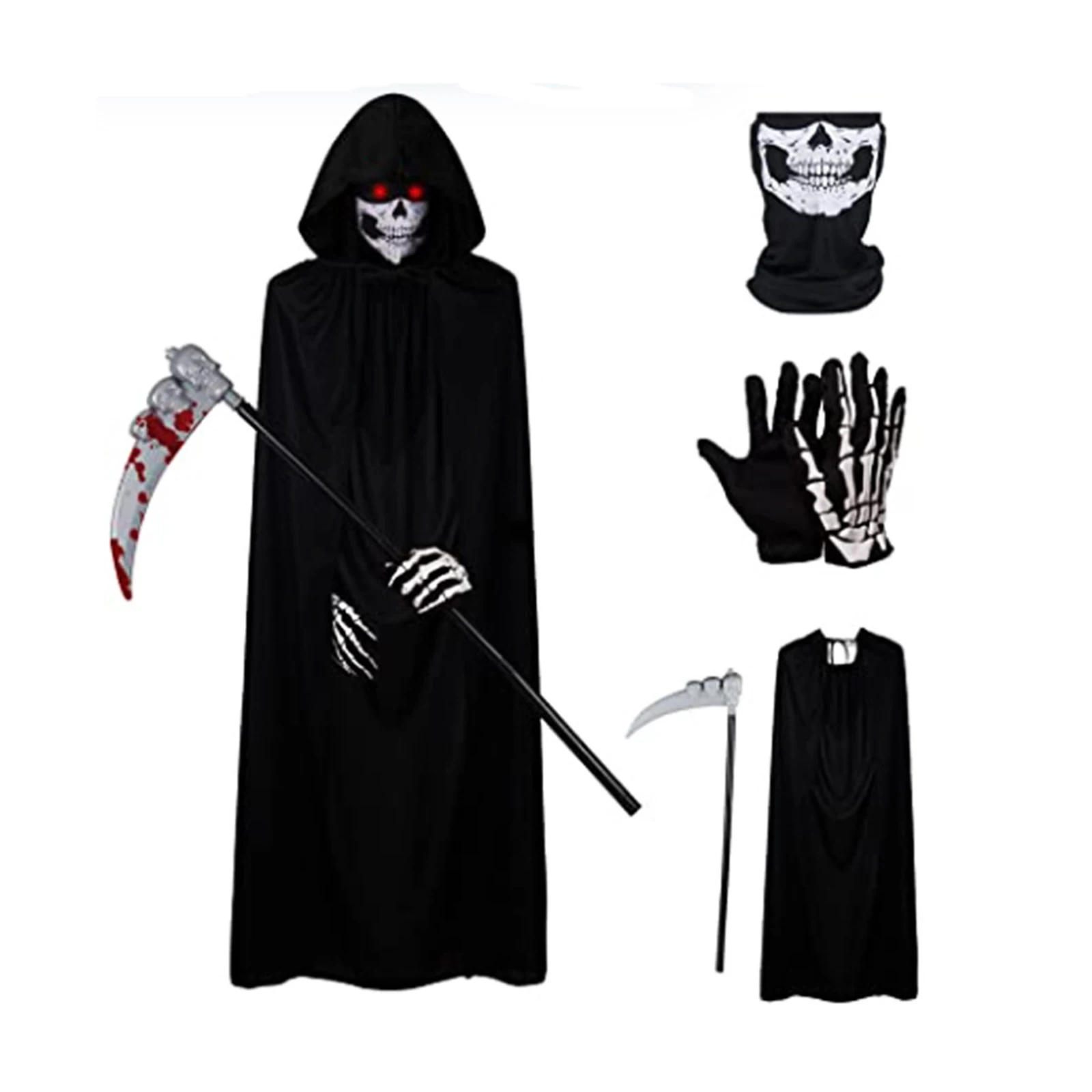 Halloween Reaper Costume For Adults Deluxe Hooded Cloak + Skull Neck Gaiter + Gloves + Scythe Set Hot Sale Four-Piece Set