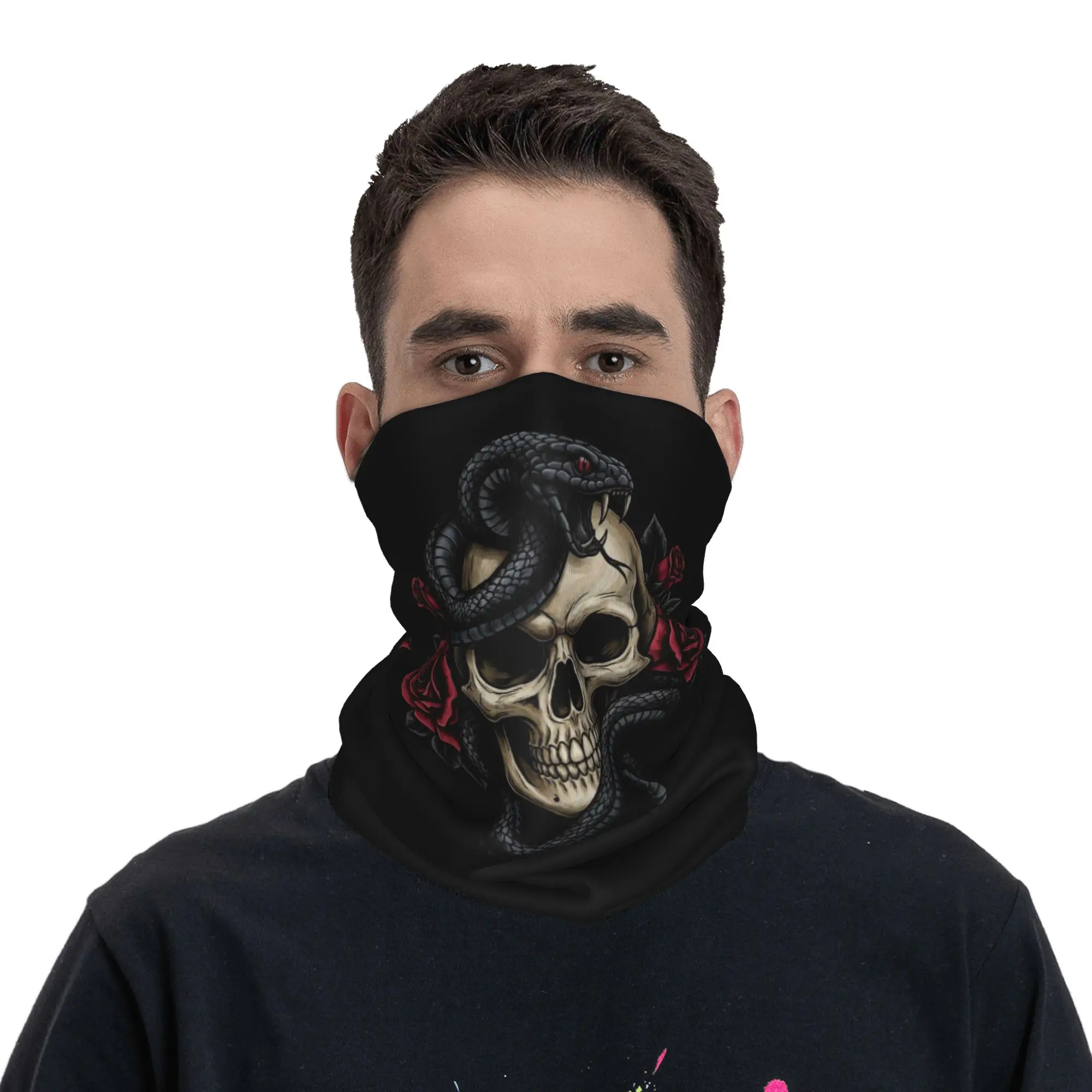 Skull Snake and Roses Printed Bandana Neck Cover Printed Wrap Scarf Warm Balaclava Cycling For Men Women Adult