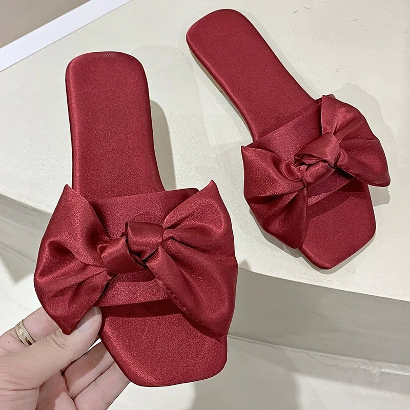 

New style satin fabric bow flat slippers for women fashionable square toe square heel slip-on lazy shoes