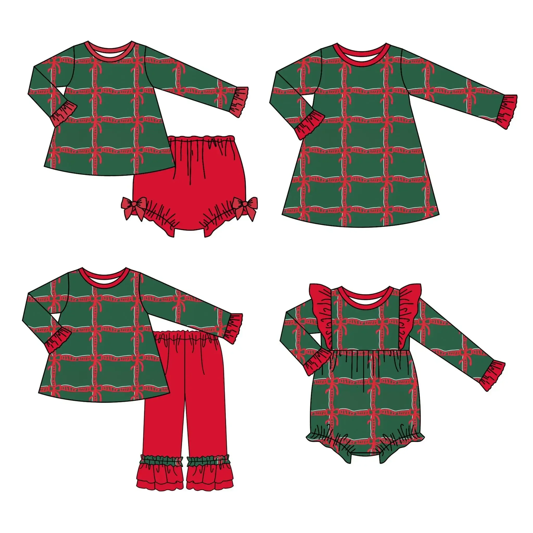 Christmas Toddler Clothing Matching Four Piece Set Green Top Red Pants Boys Girls Clothing Boutique Children's Festival Clothing