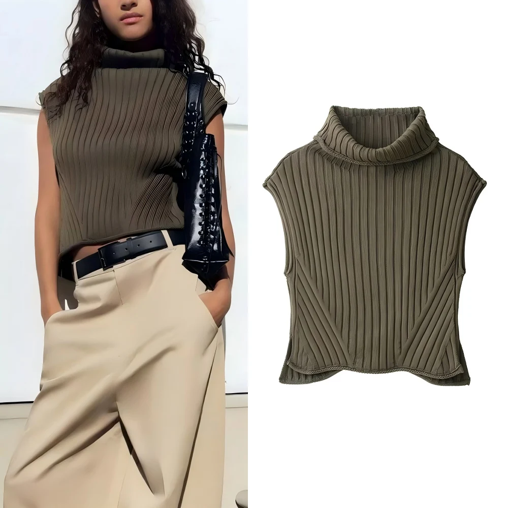 

Женский 2021, новый модный повседневный универсальный короткий вязаный жилет с высоким воротником, женский жилет без рукавов в стиле ретро, шикарный топ