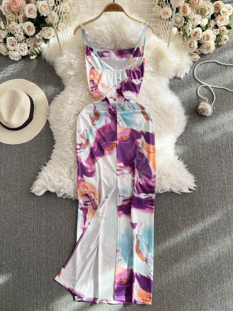 Foamlina Summer Dress Women 2024 New Fashion Tie Dye Print Sleeveless Bodycon Long Dress Backless Split Evening Party Maxi Dress