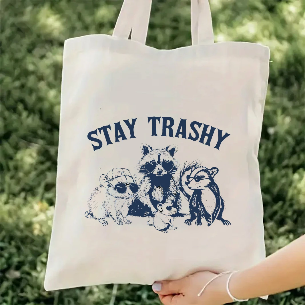 Bolso grande de lona con estampado divertido Stay Trashy Raccoons bolso de hombro para mujeres y hombresbolso de compra